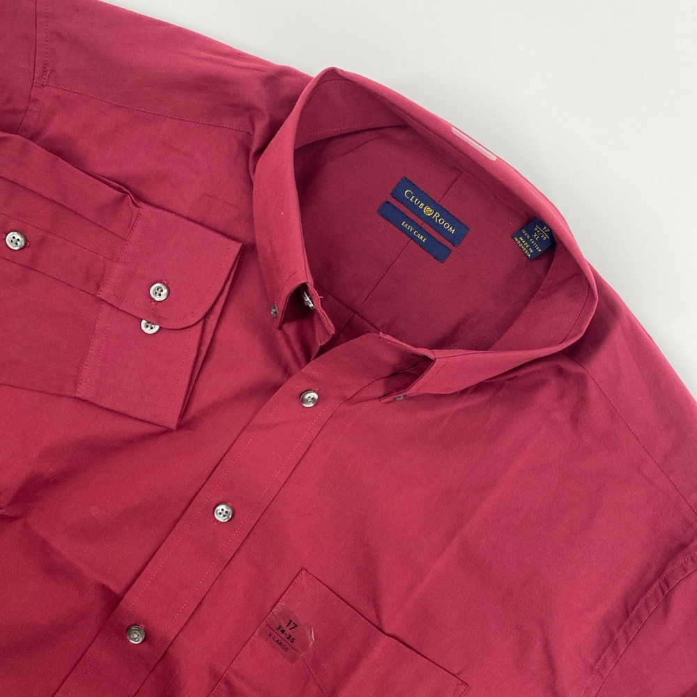Club Room Dress Shirt Mens Extra Large 17 34-35 Burgundy Red Easy Care Business